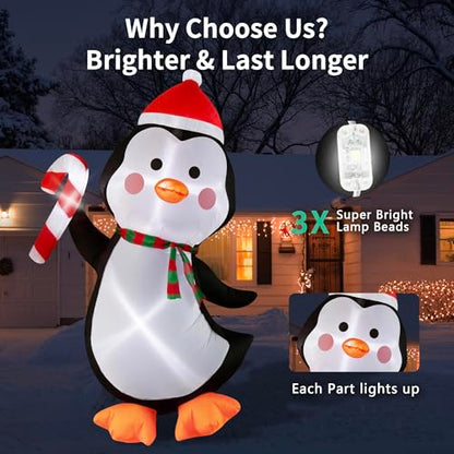 5FT Christmas Inflatables Outdoor Decorations Penguin Holding Candy Cane Blow Up Cute Christmas Decor Built-in LED Lights for Xmas Yard Outside Indoor Party Lawn Garden Porch Holiday - style: 5FT Penguin with Candy Cane