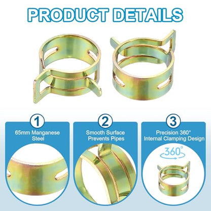 PATIKIL Spring Band Hose Pipe Clamps for 18-21.5 mm OD Hose, 50 Pack Silicone Vacuum Constant Tension Band Clips for Fuel Line Silicone Air Hose Tube Water Pipe, Gold - size: 18-21.5 mm