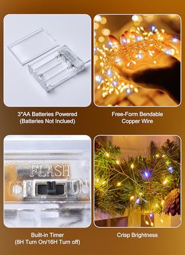 Fairy Lights 배터리 작동, 4팩 총 12.2m(40피트) 480LED 요정 조명, 타이머 포함, 가정 계단 테이블 트리 장식, 아동용 선물, 2가지 색상의 반짝이는 스트링 조명 - color: 웜 & 쿨 화이트 - 4개, size: 4팩