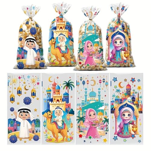 50pcs Eid Mubarak Colorful Gift Bags with Moon, Castle & Star Designs - with Tie Closure for Ramadan Kareem Celebrations & Islamic Muslim Party Favors (Transparent pattern) - color: Transparent pattern