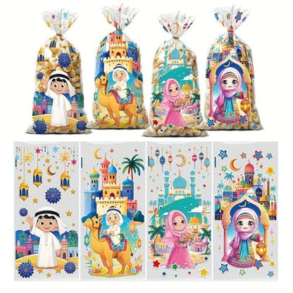 50pcs Eid Mubarak Colorful Gift Bags with Moon, Castle & Star Designs - with Tie Closure for Ramadan Kareem Celebrations & Islamic Muslim Party Favors (Transparent pattern) - color: Transparent pattern