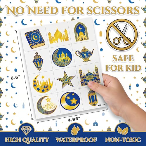 120 PCS Pre-Cut Happy Eid Mubarak Temporary Tattoos for Kids Party Favors | Super Cute Ramadan Al Fitr Themed Birthday Supplies, Decorations, Fake Tattoo Stickers, School Rewards & Gifts Boys & Girls