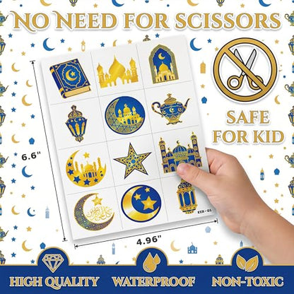 120 PCS Pre-Cut Happy Eid Mubarak Temporary Tattoos for Kids Party Favors | Super Cute Ramadan Al Fitr Themed Birthday Supplies, Decorations, Fake Tattoo Stickers, School Rewards & Gifts Boys & Girls