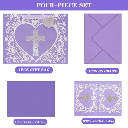 JWSCYSY 12.6" Large Purple Gift Bag with Metallic Silver Floral Cross Design, Card and Tissue Paper for Baby Girl Baptisms, Christenings, First Communions Religious - color: Purple 12.6"