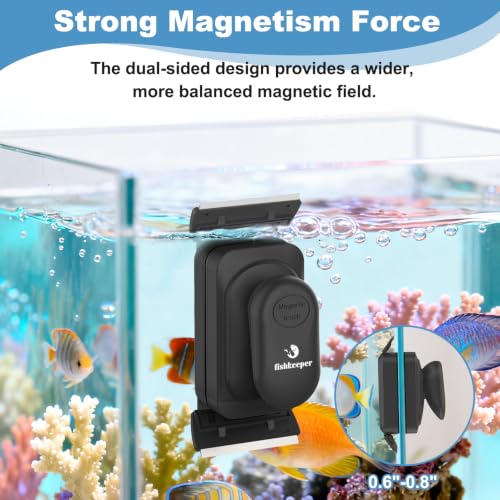 fishkeeper Dual-Blades Magnetic Aquarium Glass Cleaner with 4 Algae Scraper | 2-In-1 Floating Scrubber, Double Side Magnetic Fish Tank Cleaner for 0.6-0.8 Inch Thick Glass & Acrylic Aquarium Tanks (XL) - size: XL for Glass Thickness:0.8"