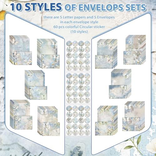 TaoBary 160 Pcs Stationery Paper Set 50 Double Sided Stationery Papers with 50 Matching Envelopes and 60 Round Dot Sticker, 10 Design (Serenity Junk,8.25 x 5.5 Inch) - size: 8.25 x 5.5 Inch, style: Serenity Junk