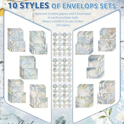 TaoBary 160 Pcs Stationery Paper Set 50 Double Sided Stationery Papers with 50 Matching Envelopes and 60 Round Dot Sticker, 10 Design (Serenity Junk,8.25 x 5.5 Inch) - size: 8.25 x 5.5 Inch, style: Serenity Junk