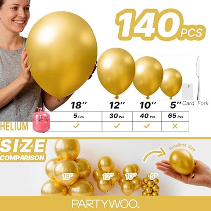PartyWoo 골드 풍선 140피스 다양한 사이즈 45.7cm(18인치), 30.5cm(12인치), 25.4cm(10인치), 12.7cm(5인치), 12.7cm(5인치), 12.7cm(5인치) 골드 풍선 아치 키트 가랜드, 생일, 결혼 기념일, 베이비 샤워, 졸업 - color: Gold-g101