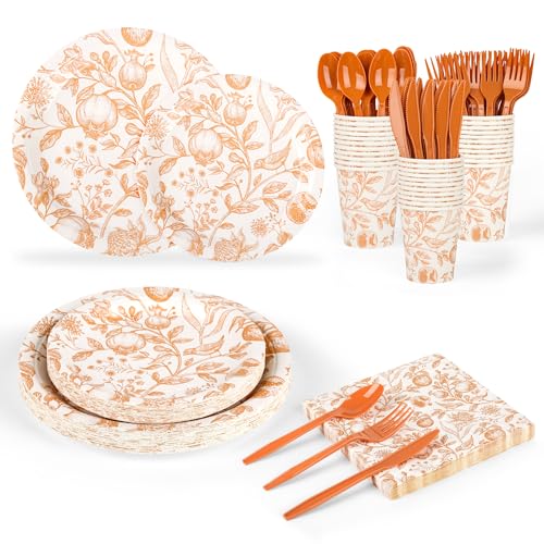 Fall Gold Floral Birds Fruits Disposable Paper Plates and Napkins Set - color: Fall