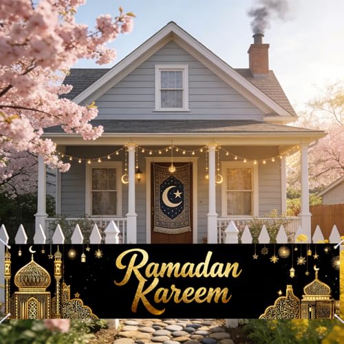Nuxovilar Ramadan Kareem Mosque Lantern Banner Polyester 17.72×78.74inches - Ramadan Mubarak banner for Mosque, Yard, Outdoor Decor - color: CC01392