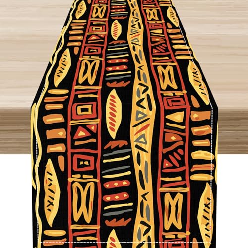 African Totems Table Runner,Abstract Geometric Ethnic Yellow Black American Heritage Festival Table Center African Deco for Family Kwanzaa Party and Living Room Table Decorations, 13"x36" - color: Af Geometric-2, size: 13"X36"
