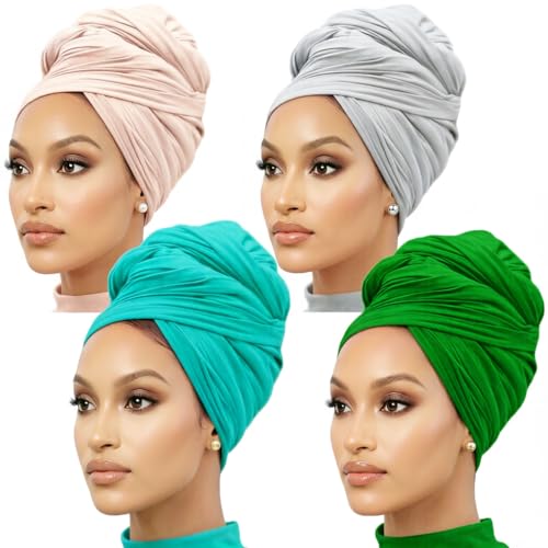 Nonbongoy Head Wraps for Black Women 71"x32" Long Soft Jersey Hijab Turban - color: 4- Apricot, Light Grey, Turquoise, Bright Green