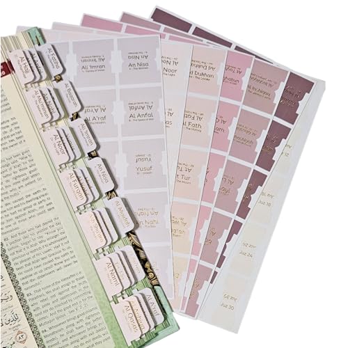 Al Bayan Quran Tabs - 114 Surah + 6 Blank +30 Juz Tabs - Premium Vinyl with Gold Foil Lettering - Laminated Quran Indexing System with Alignment Guide (Pastels - English) - color: Pastels - English