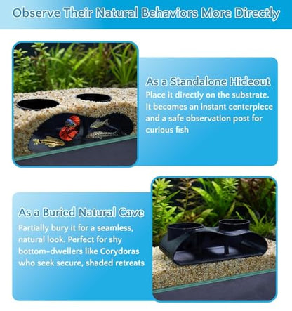 NUPICK Black Underground Aquarium Cave Tunnel, PETG 3D Printed Fish Tank Cave Hideout with Smooth Surface, Two-Hole Aquarium Tunnel, Fish Tank Decor for Bettas, Shrimp, Corys, Loaches, Guppie, Snails