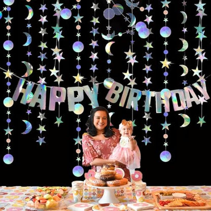 Star Moon Circle Dot Garland Party Decoration Kit, Holographic Party Decorations Hanging Stars Streamer Backdrop Crescent Garlands Happy Birthday Banner Backdrop for Birthday Wedding
