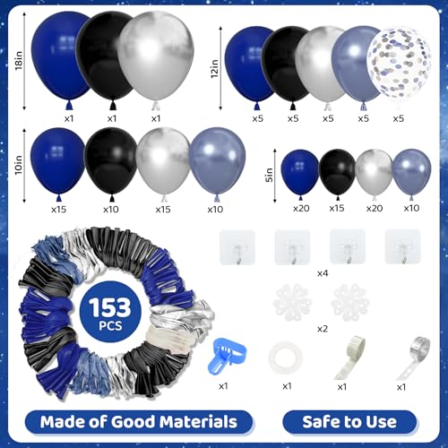 Amandir 153pcs Blue and Black Balloons Arch Garland Kit Different Sizes 18 12 10 5inch Metallic Silver Royal Dark Navy Blue Latex Confetti Graduation Balloon Birthday Space Retirement Party Supplies - color: Blue Black