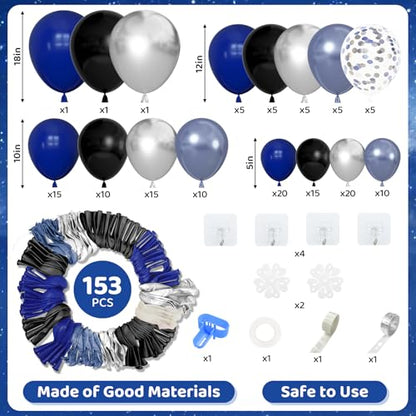 Amandir 153pcs Blue and Black Balloons Arch Garland Kit Different Sizes 18 12 10 5inch Metallic Silver Royal Dark Navy Blue Latex Confetti Graduation Balloon Birthday Space Retirement Party Supplies - color: Blue Black