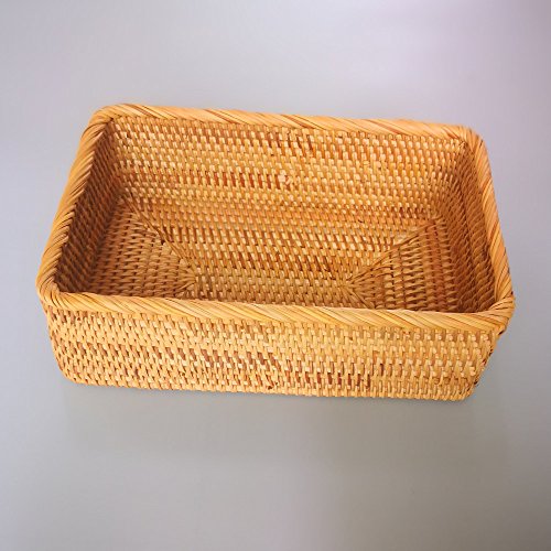 Handmade Rectangle Wicker Fruit Box Rattan Tray Magazine Organizer and Small Objects Container Serving Basket (Large) - size: Large