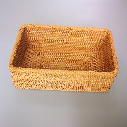 Handmade Rectangle Wicker Fruit Box Rattan Tray Magazine Organizer and Small Objects Container Serving Basket (Large) - size: Large