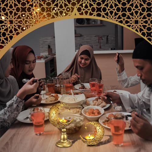 2 Pcs Ramadan Decorations for Home Golden Moon Shape Candle Holder Metal Candlestick Holder Eid Mubarak Table Centerpiece Decor for Birthday Wedding Church