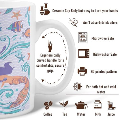 Mermaid Ceramic Coffee Mug, Underwater Playful Fish Starfish Summer Aqua Novelty Office Drinking Cup with Handle Ideal for Friendship Family Colleague Staff Sweetheart Teachers 11 Oz - size: 11 Ounces