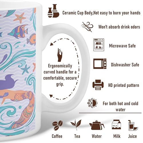 Mermaid Ceramic Coffee Mug, Underwater Playful Fish Starfish Summer Aqua Novelty Work Drinking Mugs with Handle Ideal for Friendship Family Colleague Staff Sweetheart Teachers 15 Oz - size: 15 Ounces