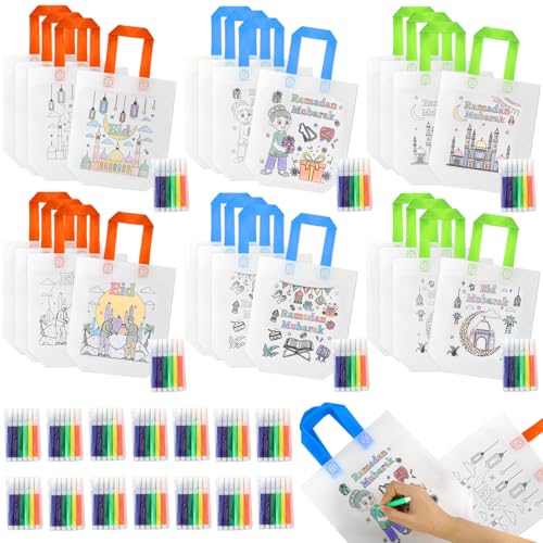 MUOUAKATE 24 PCS Ramadan Coloring Goodie Bags with Paint Pens, Eid Ramadan Gift for Boys and Girls Aged 3-12, Ramadan Crafts for Kids Reusable Bag for Ramadan Activities Party Favors Home Bulk