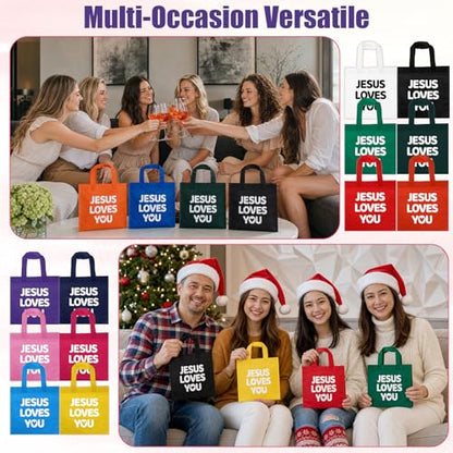 48 Pcs Christian Gift Bags Bulk Reusable Jesus Loves You Gift Bags with Handles, Non Woven Religious Gifts Bag for Church First Communion VBS Baptism Ramadan Party Favor Goodie Treat Bag (12 Colors)
