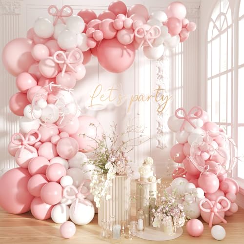 Pink Bow Balloons Garland Arch Kit,180Pcs Pink and White Balloons with Clear Balloon Wrap Bows for Wedding Bachelorette Baby Shower Coquette Birthday Party Decorations - color: Pink White