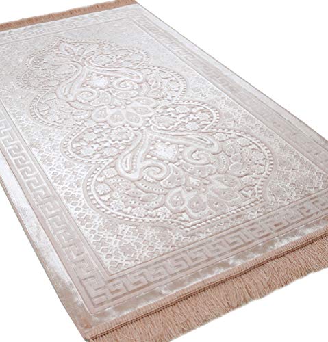 Modefa Luxury Velvet Prayer Rug with Prayer Beads | Soft Elegant Muslim Turkish Janamaz Sajada Carpet for Men and Women | Plain Solid Prayer Mat Ramadan Eid Gift - Paisley (Blush Pink) - color: Blush Pink