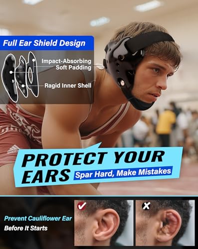 Trymaker Wrestling Headgear, Youth Head Gear with Chin Cup & Pad | Age 10+, Sorf Triple-Layer Ear Guard, 4-Point Adjustment System, MMA, Jiu-Jitsu, BJJ - color: Black Headgear & Black Strap