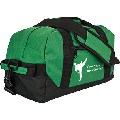 Personalized Passion 14” Small Sports Duffel Bags for Kids - Waterproof Travel Duffle with Name & Martial Arts Design - Dark Green Two-Toned Kids Weekender Bag for Boys and Girls - color: Dark Green, style: Martial Arts