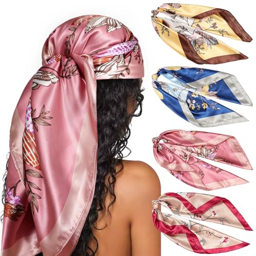 DRESHOW 35” Large Square Satin Head Scarf - 4Pcs Silk Accessories Classic Patterned Squares Beach Bandanas for Women - color: 4 Pcs Printed: Dusty Pink, Khaki, Navy Blue, Yellow