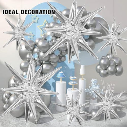 6 Pcs Silver Star Foil Balloons One-Piece 14-Pointed Star Balloon 4D Starburst Cone Mylar Balloon 22inch Christmas Birthday Wedding Wedding Anniversary Party Supplies (22&27 Inches Silver) - color: 22&27 Inches Silver