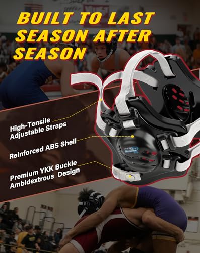 Trymaker Wrestling Headgear, Head Gear for Men and Youth with Chin Cup, Dual-Layer Ear Guard for MMA, BJJ (for Users Age 10+) - color: Black Headgear & White Strap