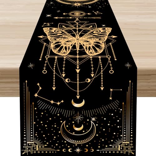 Moth Sun Moon Table Runner, Rustic Boho Astrology Mystical Magic Sun Moon Table Decor for Home Kitchen Dining Patio Holiday Party Indoor Outdoor Table Decorations 13x36 inch - color: Moon-2, size: 13x36" Table Runner