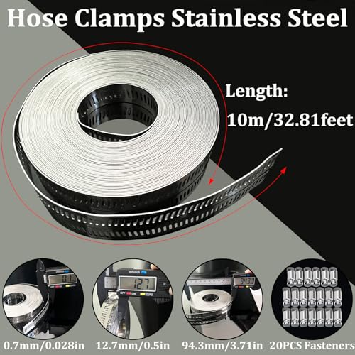 Hose Clamps Stainless Steel, Large Worm Gear Duct Pipe Hose Clamp Assortment Kit, Band Fittings Strap, 32.81FT Adjustable Metal Bolt with 20 Stronger Fasteners Screw for Plumbing Auto Tube Fuel Line - size: 1 Set - 10 m Metal Strap + 20 Fasteners