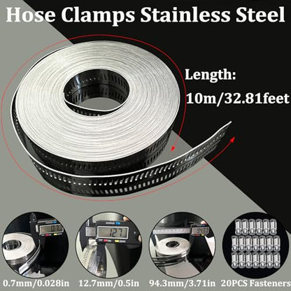 Hose Clamps Stainless Steel, Large Worm Gear Duct Pipe Hose Clamp Assortment Kit, Band Fittings Strap, 32.81FT Adjustable Metal Bolt with 20 Stronger Fasteners Screw for Plumbing Auto Tube Fuel Line - size: 1 Set - 10 m Metal Strap + 20 Fasteners