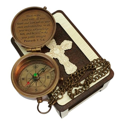 Deocar Engraved Brass Compass with Inspirational Quotes and Wooden Box –Gift for Son, Husband, Grandson, or Travelers – Ideal for Birthdays Graduation Christmas or Special Occasions - style: Trust in Lord