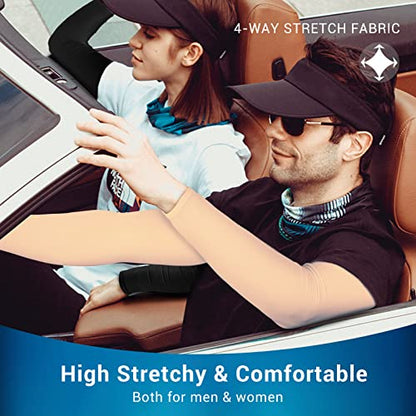 2 Pairs UV Protection Cooling Arm Sleeves Compression Sun Sleeves for Men Women Youth, Tattoo Cover Up, UPF 50 - color: 2 Pairs: 1 Pair Black & 1 Pair Beige