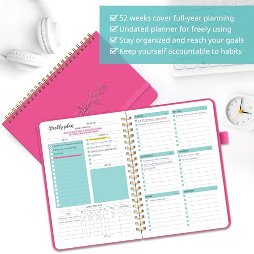 Taja Undated Weekly Planner, Weekly To Do List Notebook with Goal & Habit Tracker Organizer, A5 Weekly Planner Notebook with Spiral Binding, 6.1" x 8.2" - Berry Pink - color: r.Berry Pink