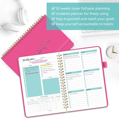 Taja Undated Weekly Planner, Weekly To Do List Notebook with Goal & Habit Tracker Organizer, A5 Weekly Planner Notebook with Spiral Binding, 6.1" x 8.2" - Berry Pink - color: r.Berry Pink