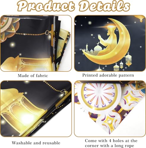 Eid Mubarak Backdrop Banner, Black and Gold Ramadan Mubarak Background Banner, Glittering Lantern Moon Star Night Backdrop for Wall Photo Background Home Muslim Eid Mubaraks Party Decorations Supplies