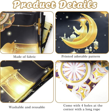 Eid Mubarak Backdrop Banner, Black and Gold Ramadan Mubarak Background Banner, Glittering Lantern Moon Star Night Backdrop for Wall Photo Background Home Muslim Eid Mubaraks Party Decorations Supplies