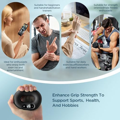 Smart Grip Strength Trainer with LED Display & Interactive App Game, Hand Grip Strengthener for Men Women, Adjustable 50lb Resistance Hand Exerciser for Forearm Finger, Stress Relief & Fitness Gadget, Black
