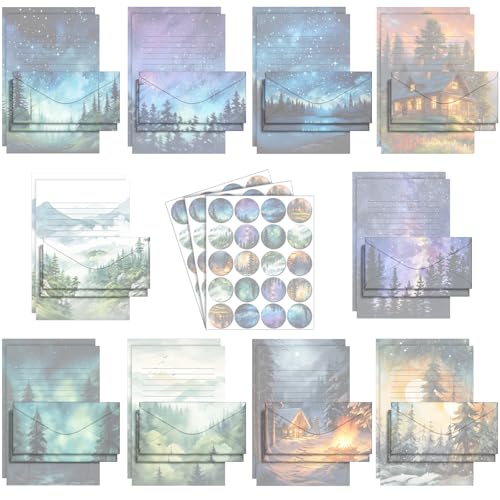 TaoBary 160 Pcs Stationery Paper Kit 50 Double Sided Stationery Papers with 50 Matching Envelopes and 60 Round Dot Sticker, 10 Design(whimsical Watercolor Illustration Starry Night, 8.5 x 11 Inch) - size: 8.5 x 11 Inch, style: Whimsical Watercolor Illustr