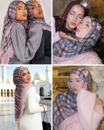 JUMISEE Elegant Floral Lace Hijab Scarf for Women Soft Cotton Head Wrap Instant Hijab Long Scarves Evening Dress Shawl - color: Pink Plaid Pattern