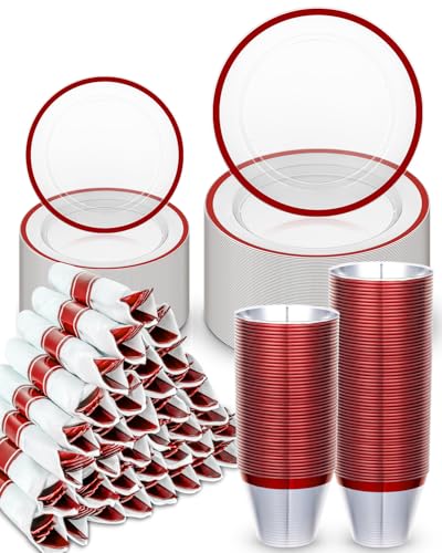 BESTVIP 350 Pcs Clear Red Plastic Dinnerware Set for 50 Guests - color: Red, size: 350
