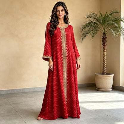 Women Muslim Abaya Dress V Neck Embroidered Kaftan Long Sleeve Loose Islamic Maxi Prayer Robe for Ramadan Eid - color: Red, size: X-Large