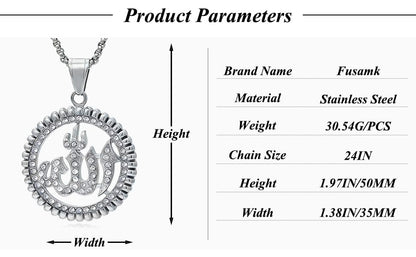 Hip Hop Stainless Steel Iced Out Hollow Allah Pendant Round Necklace - color: Steel